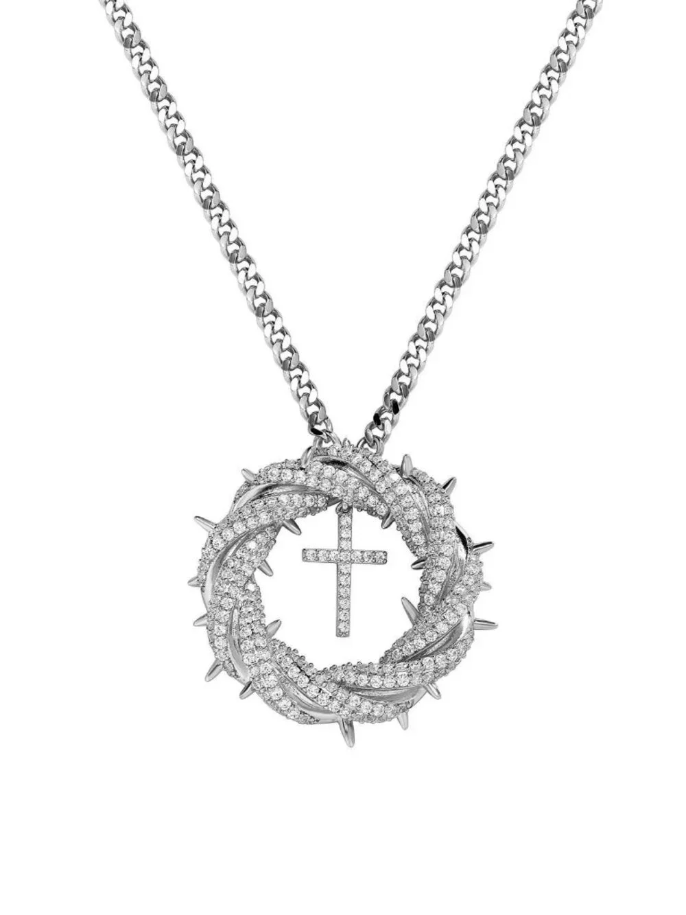 Silver Christian Cross Crown of Thorns Pendant Necklace Faith Statement Jewelry